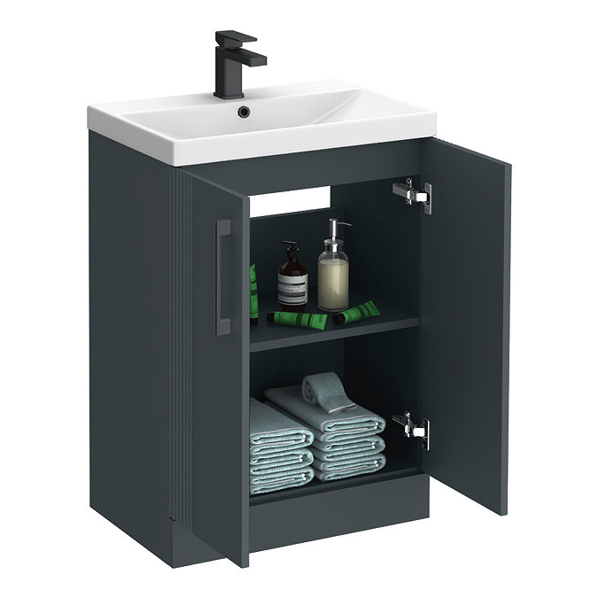 Roxbury Deco Fluted 600mm Anthracite Grey Vanity Unit - Floor Standing 2 Door Unit with Matt Black Handles