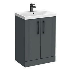 Roxbury Deco Fluted 600mm Anthracite Grey Vanity Unit - Floor Standing 2 Door Unit with Matt Black Handles
