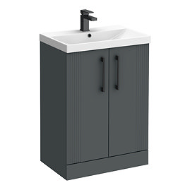 Roxbury Deco Fluted 600mm Anthracite Grey Vanity Unit - Floor Standing 2 Door Unit with Matt Black Handles