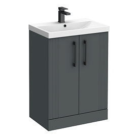 Roxbury Deco Fluted 600mm Anthracite Grey Vanity Unit - Floor Standing 2 Door Unit with Matt Black Handles
