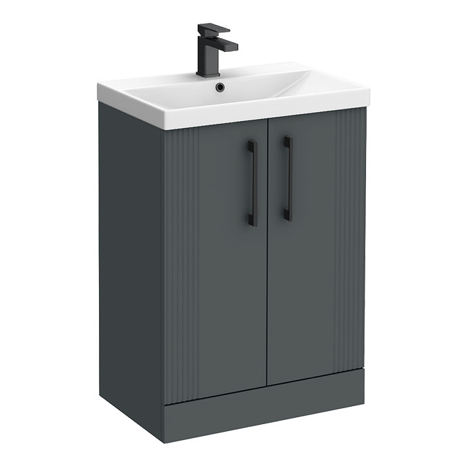 Roxbury Deco Fluted 600mm Anthracite Grey Vanity Unit - Floor Standing 2 Door Unit with Matt Black Handles