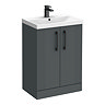 Roxbury Deco Fluted 600mm Anthracite Grey Vanity Unit - Floor Standing 2 Door Unit with Matt Black Handles