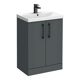 Roxbury Deco Fluted 600mm Anthracite Grey Vanity Unit - Floor Standing 2 Door Unit with Matt Black Handles