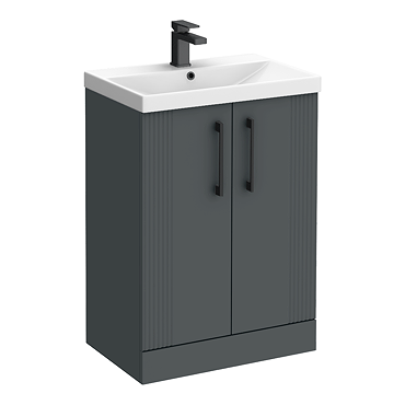 Roxbury Deco Fluted 600mm Anthracite Grey Vanity Unit - Floor Standing 2 Door Unit with Matt Black Handles