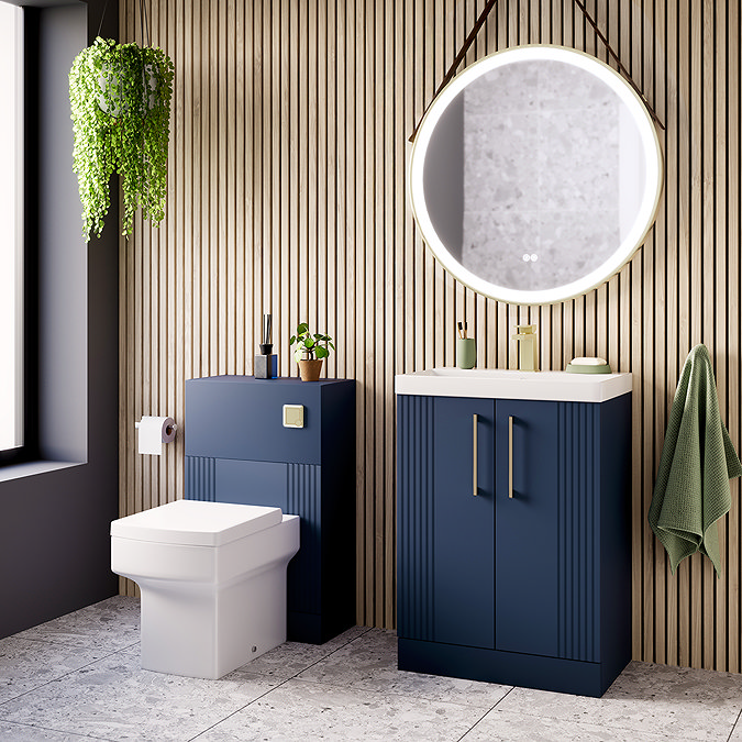 Roxbury Deco Fluted 600mm Blue Vanity Unit - Floor Standing 2 Door Unit with Brushed Brass Handles