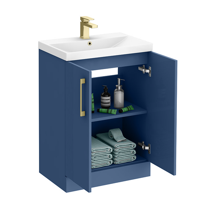 Roxbury Deco Fluted 600mm Blue Vanity Unit - Floor Standing 2 Door Unit with Brushed Brass Handles