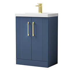 Roxbury Deco Fluted 600mm Blue Vanity Unit - Floor Standing 2 Door Unit with Brushed Brass Handles