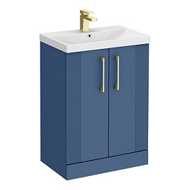 Roxbury Deco Fluted 600mm Blue Vanity Unit - Floor Standing 2 Door Unit with Brushed Brass Handles