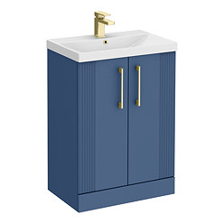 Roxbury Deco Fluted 600mm Blue Vanity Unit - Floor Standing 2 Door Unit with Brushed Brass Handles