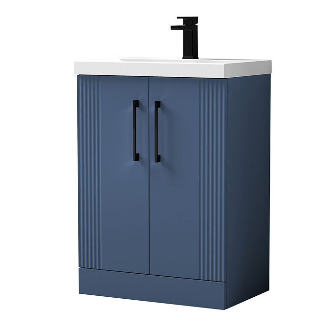Roxbury Deco Fluted 600mm Blue Vanity Unit - Floor Standing 2 Door Unit with Matt Black Handles