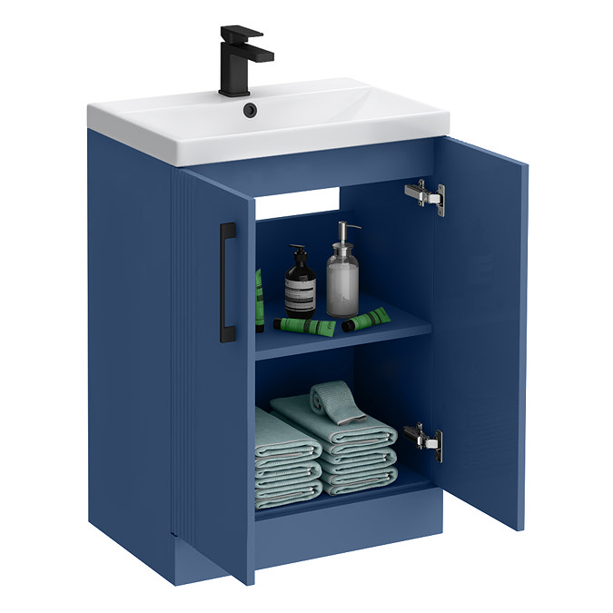 Roxbury Deco Fluted 600mm Blue Vanity Unit - Floor Standing 2 Door Unit with Matt Black Handles