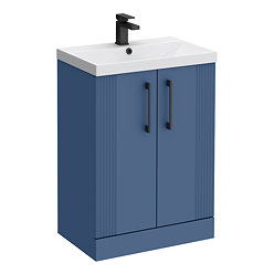 Roxbury Deco Fluted 600mm Blue Vanity Unit - Floor Standing 2 Door Unit with Matt Black Handles
