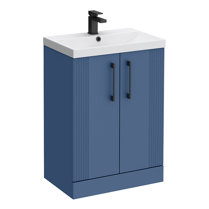 Roxbury Deco Fluted 600mm Blue Vanity Unit - Floor Standing 2 Door Unit with Matt Black Handles