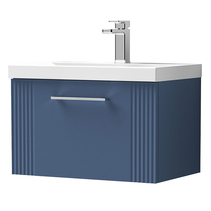 Roxbury Deco Fluted 600mm Blue Vanity Unit - Wall Hung 1-Drawer Unit & Chrome Handle