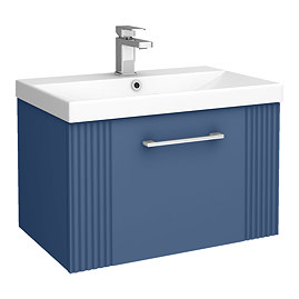 Roxbury Deco Fluted 600mm Blue Vanity Unit - Wall Hung 1-Drawer Unit & Chrome Handle