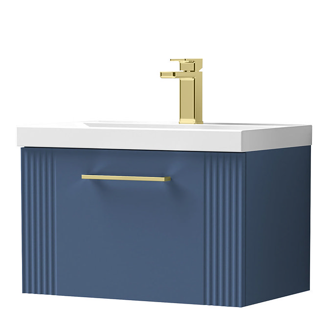 Roxbury Deco Fluted 600mm Blue Vanity Unit - Wall Hung 1-Drawer Unit & Brushed Brass Handle