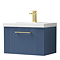 Roxbury Deco Fluted 600mm Blue Vanity Unit - Wall Hung 1-Drawer Unit & Brushed Brass Handle
