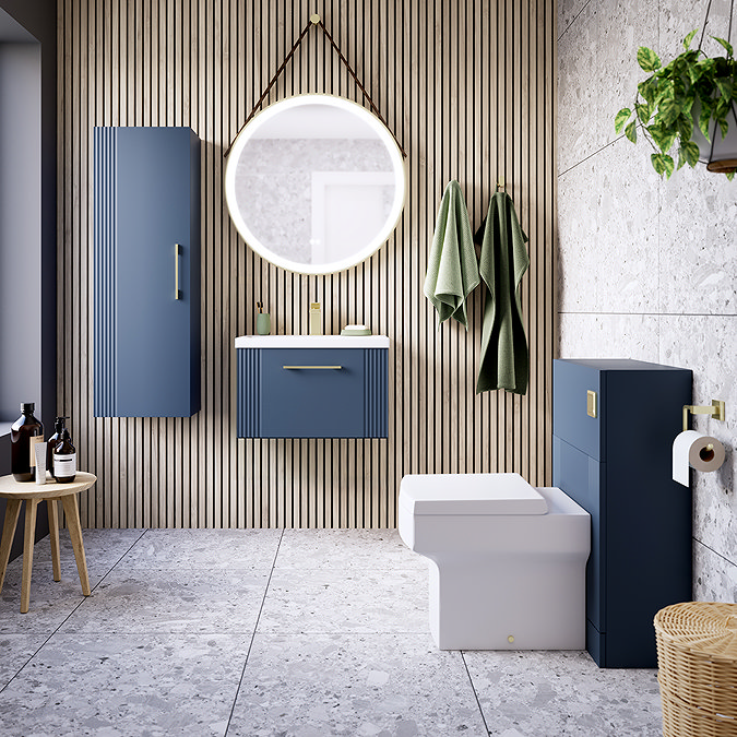 Roxbury Deco Fluted 600mm Blue Vanity Unit - Wall Hung 1-Drawer Unit & Brushed Brass Handle