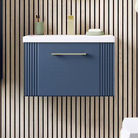 Roxbury Deco Fluted 600mm Blue Vanity Unit - Wall Hung 1-Drawer Unit & Brushed Brass Handle
