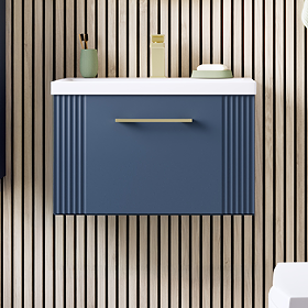 Roxbury Deco Fluted 600mm Blue Vanity Unit - Wall Hung 1-Drawer Unit & Brushed Brass Handle