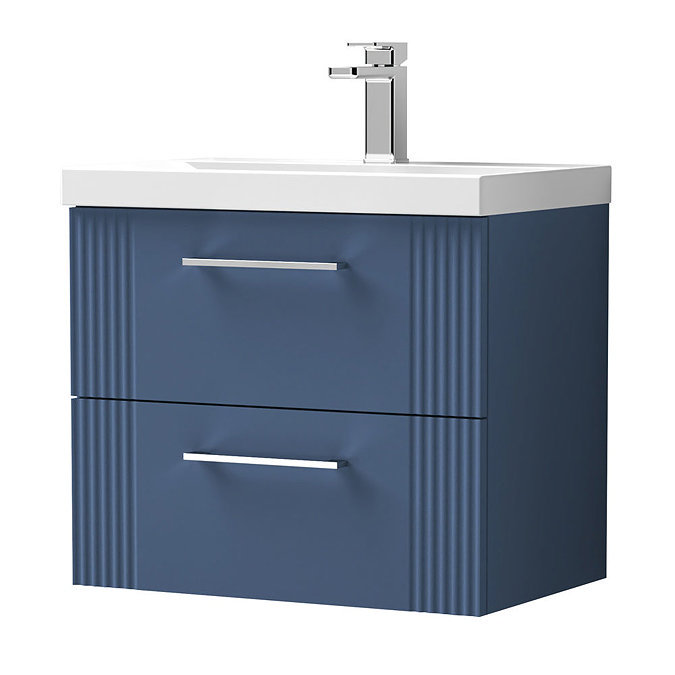 Roxbury Deco Fluted 600mm Blue Vanity Unit - Wall Hung 2-Drawer Unit & Chrome Handles
