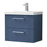 Roxbury Deco Fluted 600mm Blue Vanity Unit - Wall Hung 2-Drawer Unit & Chrome Handles