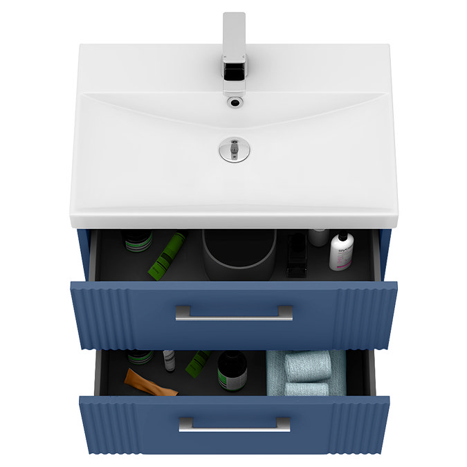 Roxbury Deco Fluted 600mm Blue Vanity Unit - Wall Hung 2-Drawer Unit & Chrome Handles