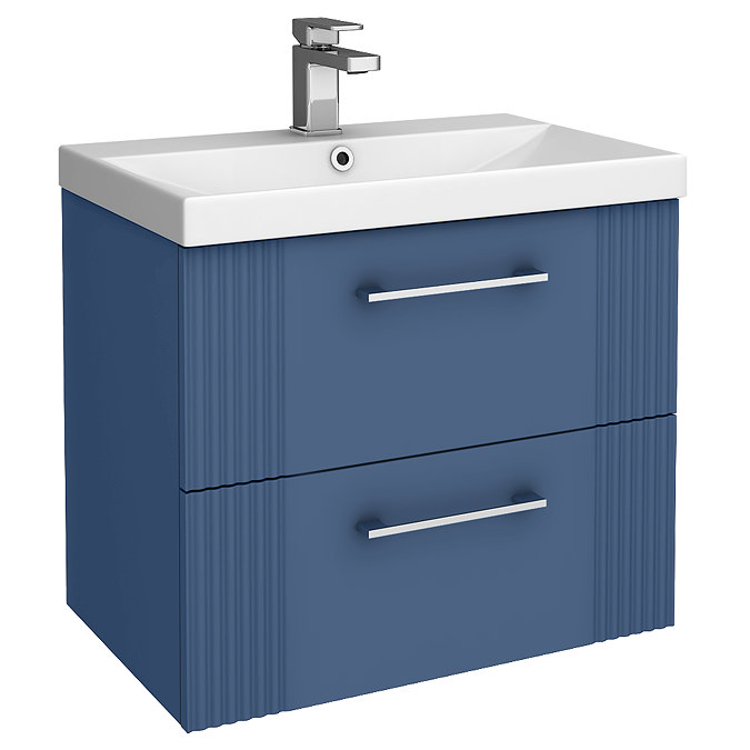 Roxbury Deco Fluted 600mm Blue Vanity Unit - Wall Hung 2-Drawer Unit & Chrome Handles