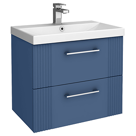 Roxbury Deco Fluted 600mm Blue Vanity Unit - Wall Hung 2-Drawer Unit & Chrome Handles