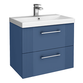 Roxbury Deco Fluted 600mm Blue Vanity Unit - Wall Hung 2-Drawer Unit & Chrome Handles