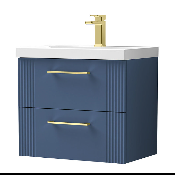 Roxbury Deco Fluted 600mm Blue Vanity Unit - Wall Hung 2-Drawer Unit with Brushed Brass Handles