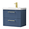 Roxbury Deco Fluted 600mm Blue Vanity Unit - Wall Hung 2-Drawer Unit with Brushed Brass Handles