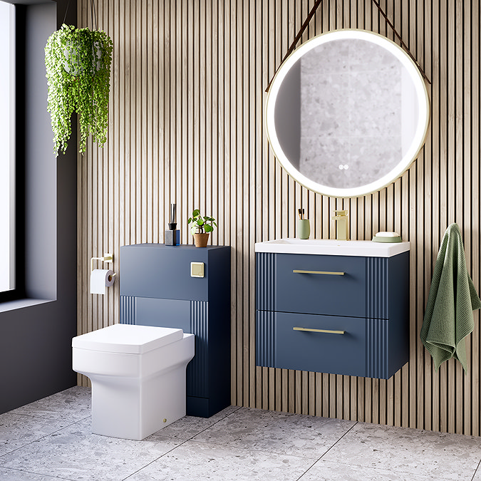 Roxbury Deco Fluted 600mm Blue Vanity Unit - Wall Hung 2-Drawer Unit with Brushed Brass Handles