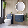Roxbury Deco Fluted 600mm Blue Vanity Unit - Wall Hung 2-Drawer Unit with Brushed Brass Handles