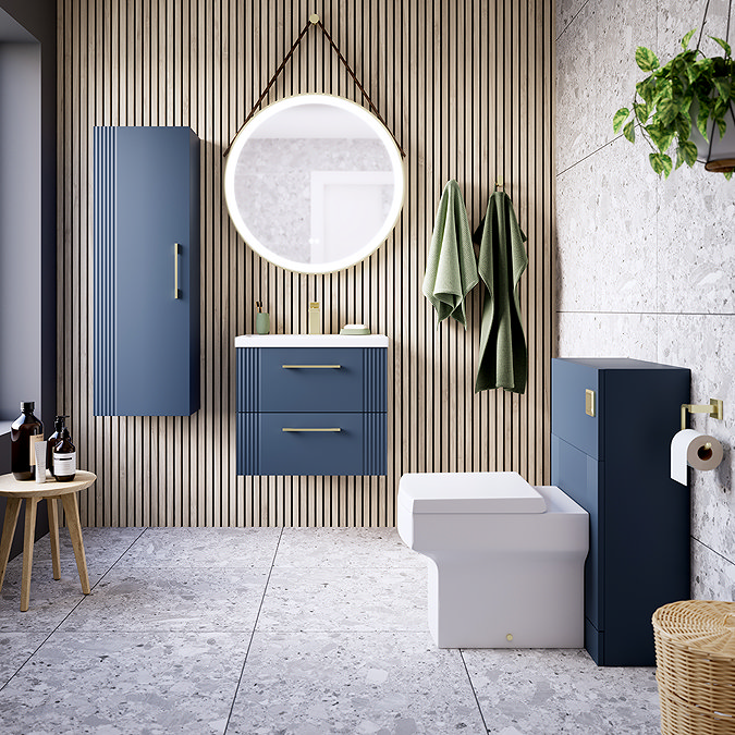 Roxbury Deco Fluted 600mm Blue Vanity Unit - Wall Hung 2-Drawer Unit with Brushed Brass Handles