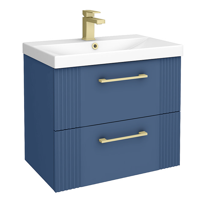 Roxbury Deco Fluted 600mm Blue Vanity Unit - Wall Hung 2-Drawer Unit with Brushed Brass Handles