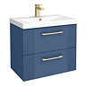 Roxbury Deco Fluted 600mm Blue Vanity Unit - Wall Hung 2-Drawer Unit with Brushed Brass Handles