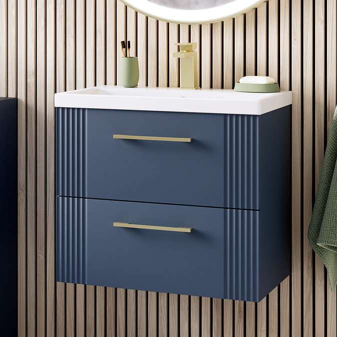 Roxbury Deco Fluted 600mm Blue Vanity Unit - Wall Hung 2-Drawer Unit with Brushed Brass Handles