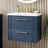 Roxbury Deco Fluted 600mm Blue Vanity Unit - Wall Hung 2-Drawer Unit with Brushed Brass Handles