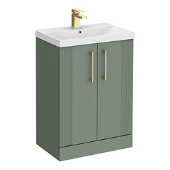 Roxbury Deco Fluted 600mm Green Vanity Unit - Floor Standing 2 Door Unit with Brushed Brass Handles