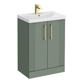Roxbury Deco Fluted 600mm Green Vanity Unit - Floor Standing 2 Door Unit with Brushed Brass Handles