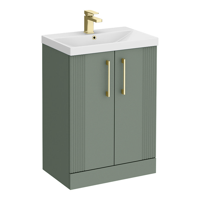 Roxbury Deco Fluted 600mm Green Vanity Unit - Floor Standing 2 Door Unit with Brushed Brass Handles