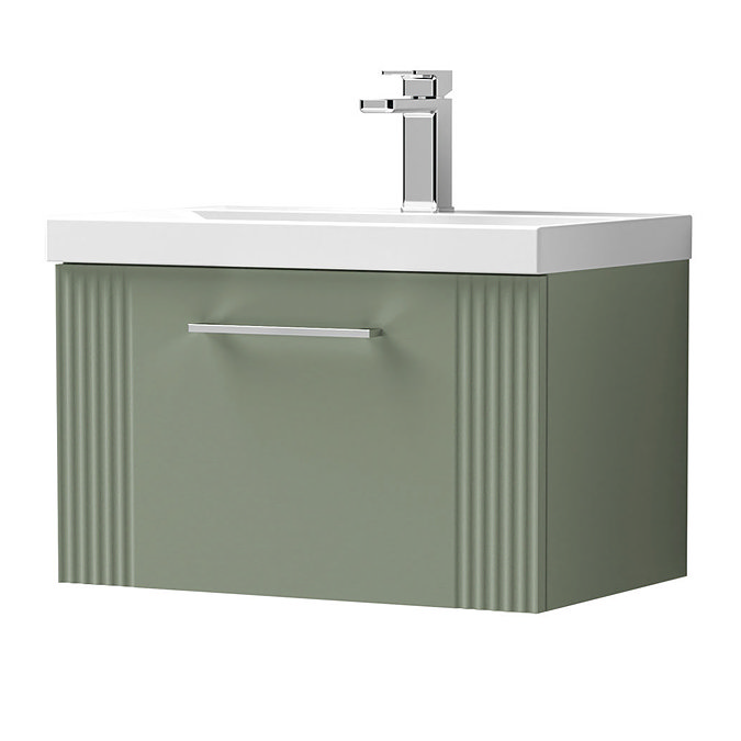 Roxbury Deco Fluted 600mm Green Vanity Unit - Wall Hung 1-Drawer Unit & Chrome Handle