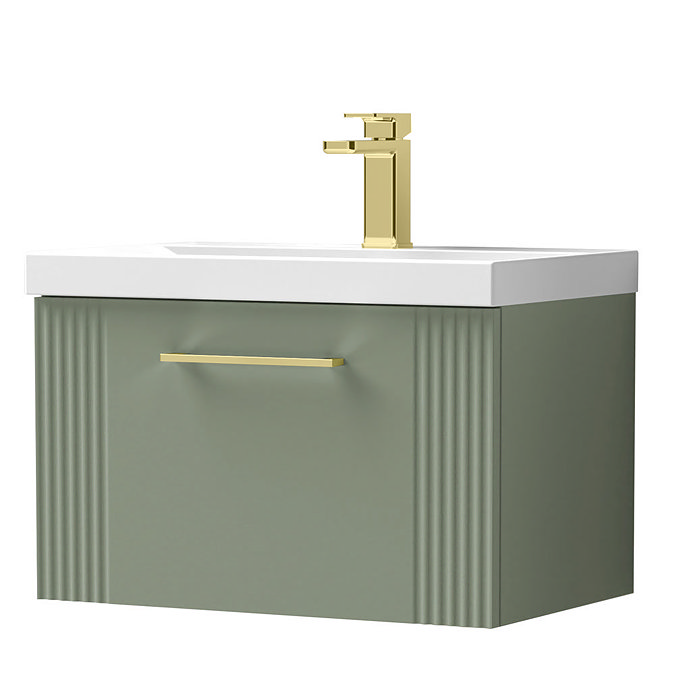 Roxbury Deco Fluted 600mm Green Vanity Unit - Wall Hung 1-Drawer Unit & Brushed Brass Handle