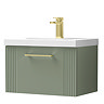 Roxbury Deco Fluted 600mm Green Vanity Unit - Wall Hung 1-Drawer Unit & Brushed Brass Handle