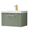 Roxbury Deco Fluted 600mm Green Vanity Unit - Wall Hung 1-Drawer Unit & Brushed Brass Handle