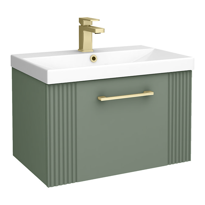Roxbury Deco Fluted 600mm Green Vanity Unit - Wall Hung 1-Drawer Unit & Brushed Brass Handle
