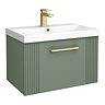Roxbury Deco Fluted 600mm Green Vanity Unit - Wall Hung 1-Drawer Unit & Brushed Brass Handle
