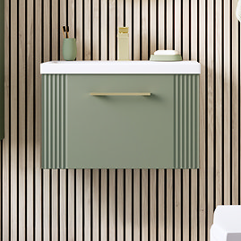 Roxbury Deco Fluted 600mm Green Vanity Unit - Wall Hung 1-Drawer Unit & Brushed Brass Handle