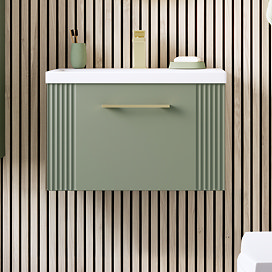 Roxbury Deco Fluted 600mm Green Vanity Unit - Wall Hung 1-Drawer Unit & Brushed Brass Handle